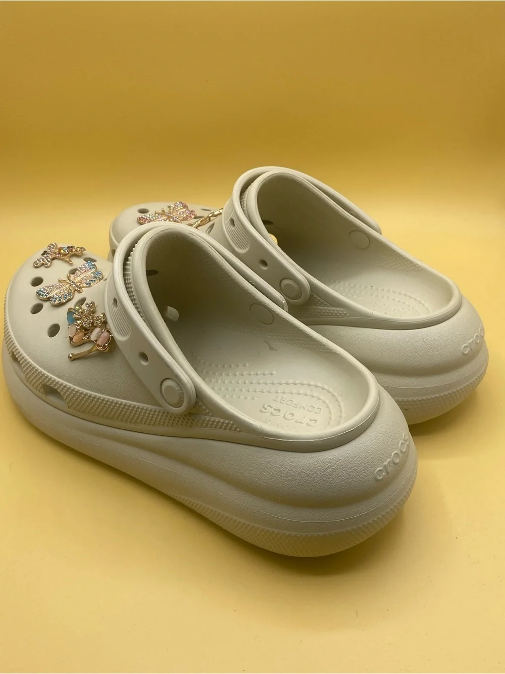 CROCS Cream Platform Clogs with Gold Butterfly Charms - Picture 3 of 4